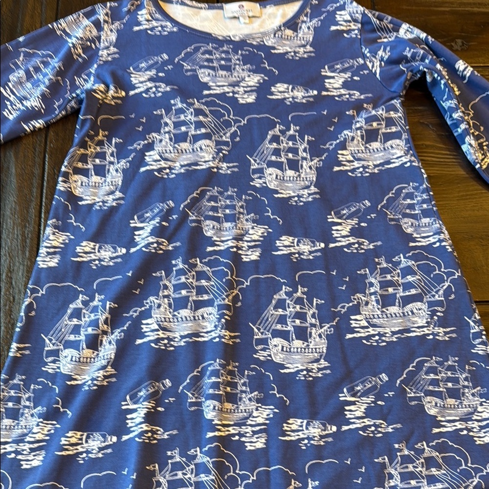Kids Casual Dress with Ship Pattern in Blue